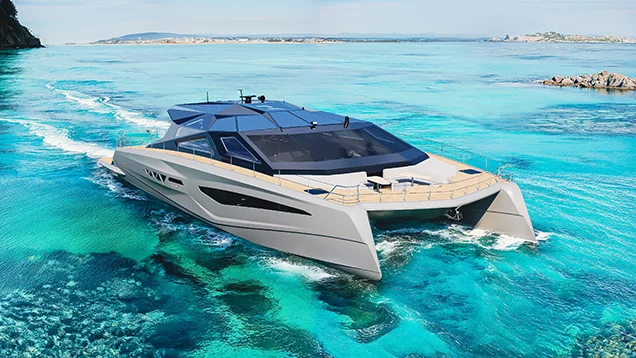 LANIAKEA luxury power catamaran at high speed on the water