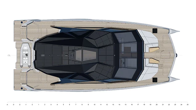 Top and interior layout floor plans of a luxury carbon-fiber power catamaran viewed from above
