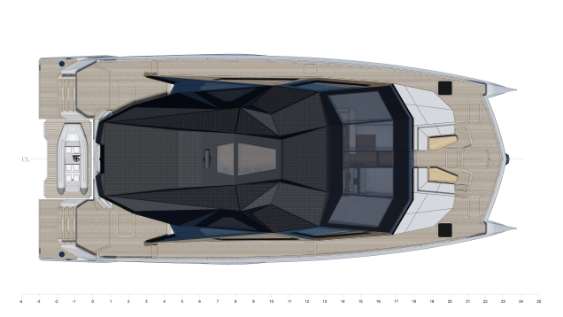 Top and interior layout floor plans of a luxury carbon-fiber power catamaran viewed from above