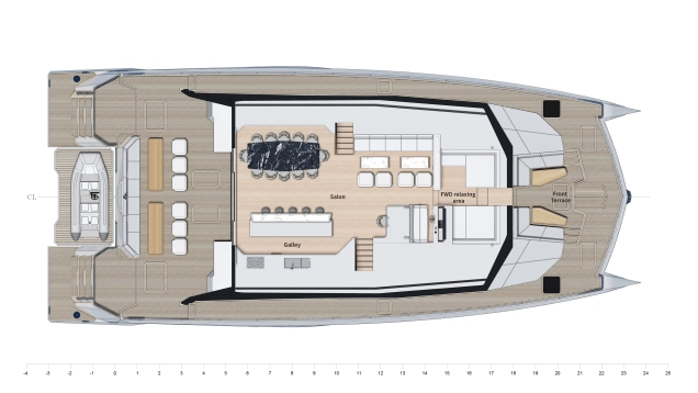 Top and interior layout floor plans of a luxury carbon-fiber power catamaran viewed from above