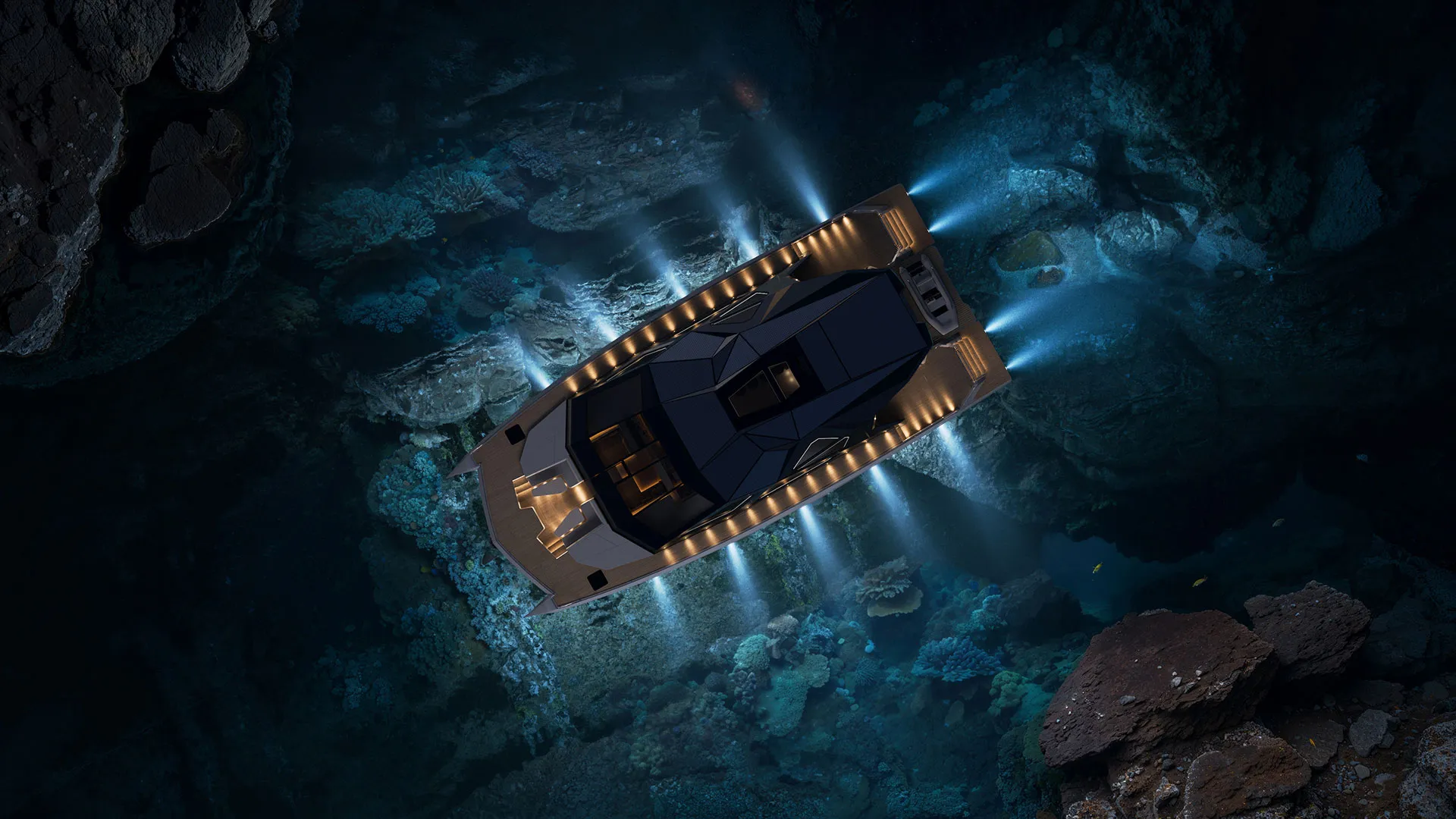 LANIAKEA luxury yacht illuminated at night showcasing elegant design