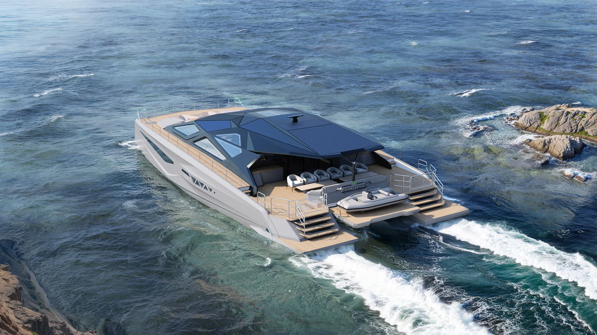 LANIAKEA luxury power catamaran at high speed on the water